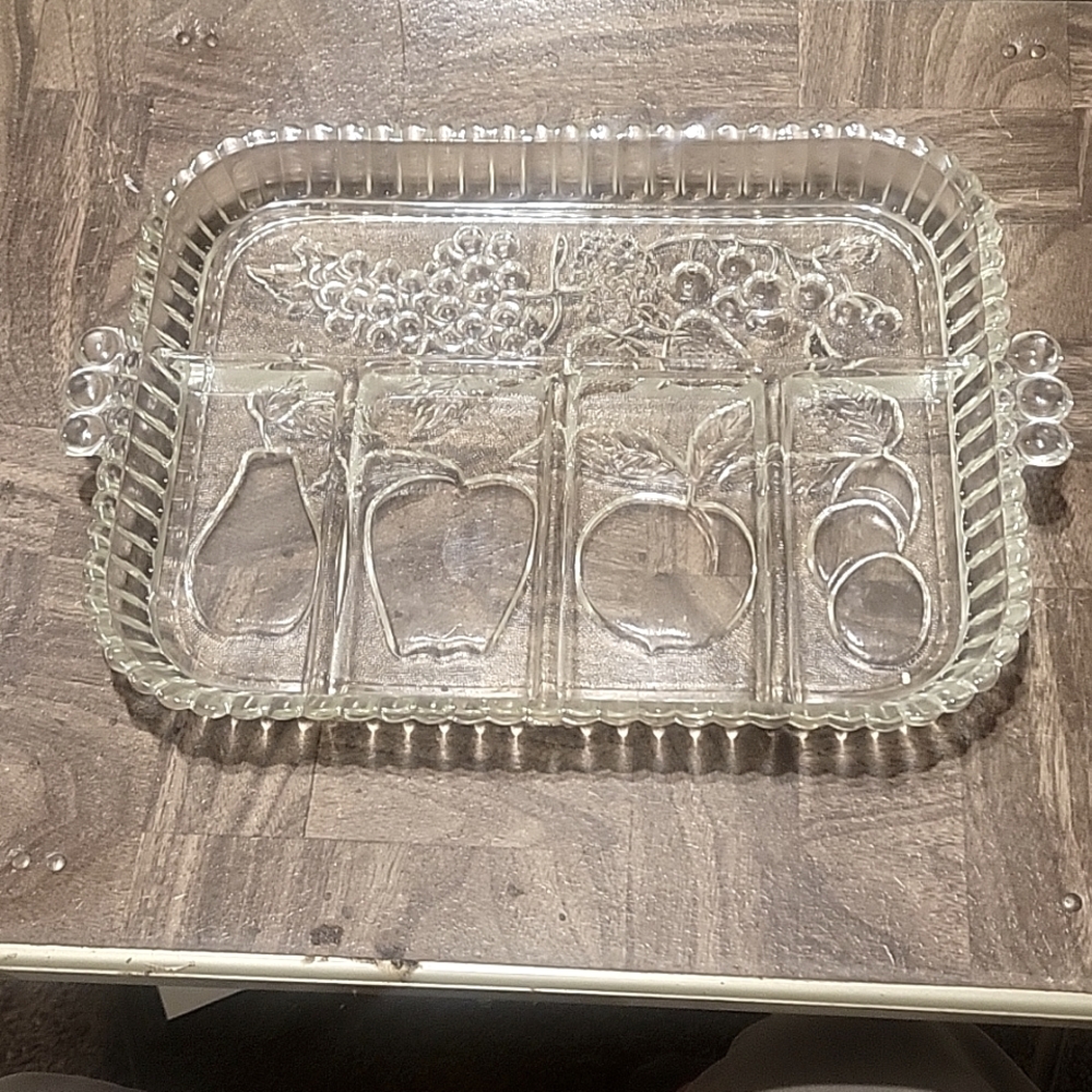 Indiana Glass clear fruit style pattern 5 sections platter. Perfect, no flaws.